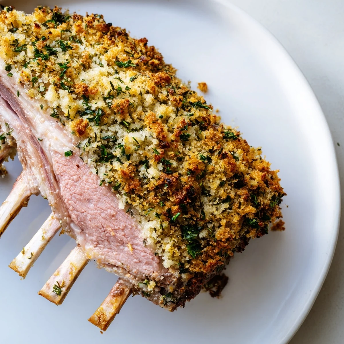 Elegant dinner presentation featuring roasted lamb rack with herb crumb crust, resting on a wooden board next to a glass of red wine.