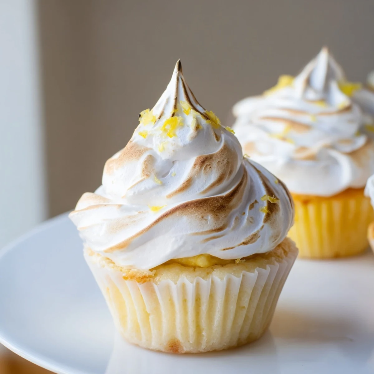 Light, fluffy Lemon Meringue Cupcakes with a tangy lemon curd center and toasted meringue swirls on a white plate.  