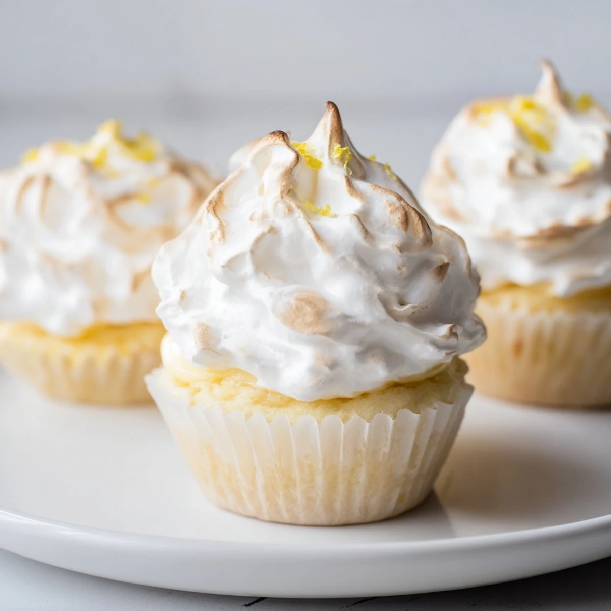 Freshly baked Lemon Meringue Cupcakes garnished with lemon zest and served on a rustic wooden table for dessert.
