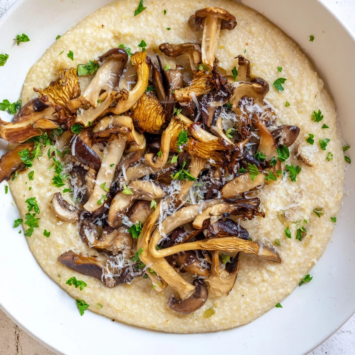 A bowl of Creamy Polenta with Roasted Wild Mushrooms served steaming hot.