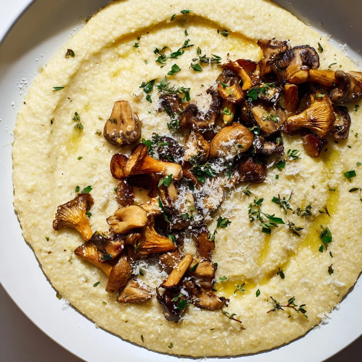 Creamy Polenta with Roasted Wild Mushrooms topped with thyme and parsley garnish.