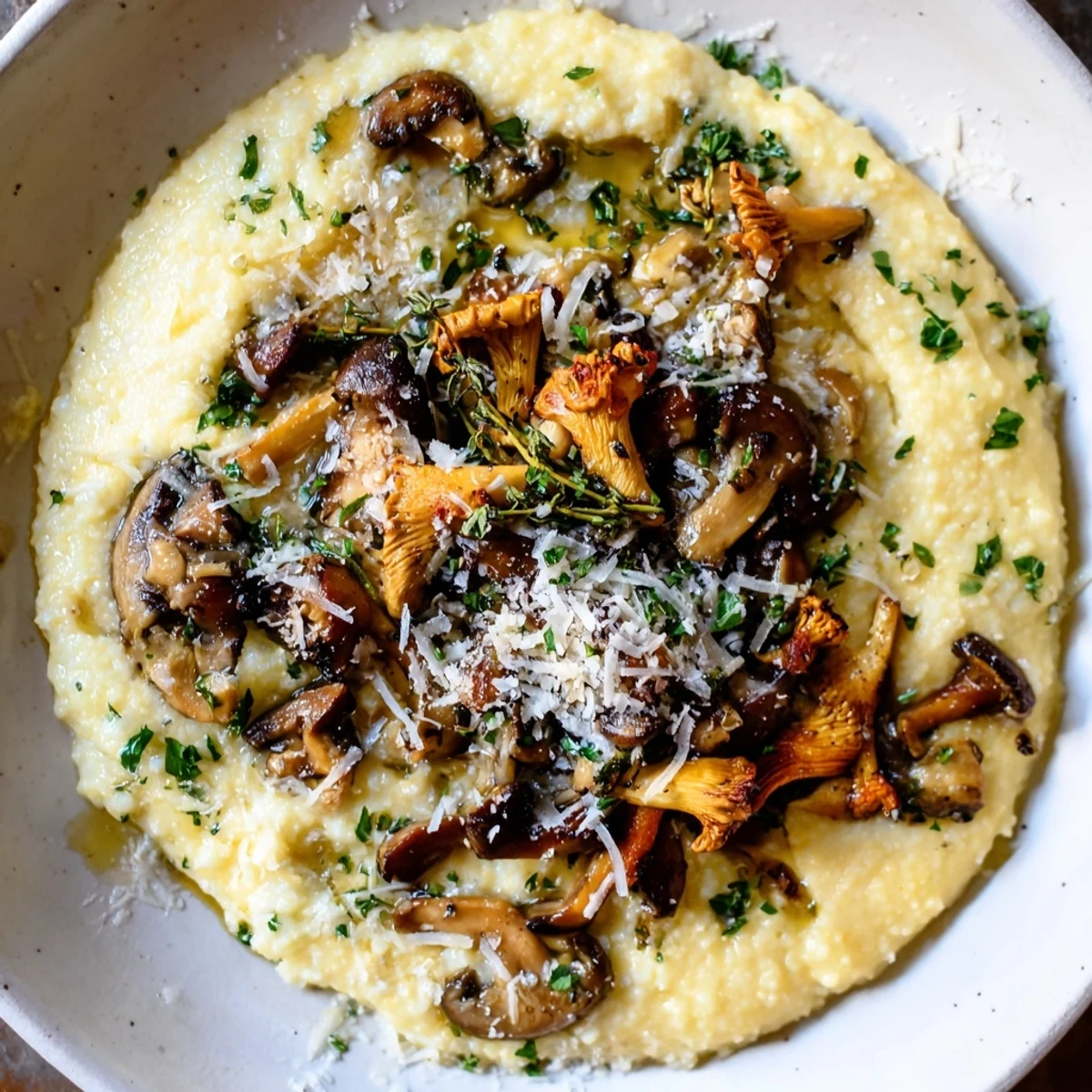 Italian-inspired Creamy Polenta with Roasted Wild Mushrooms and golden herbs.