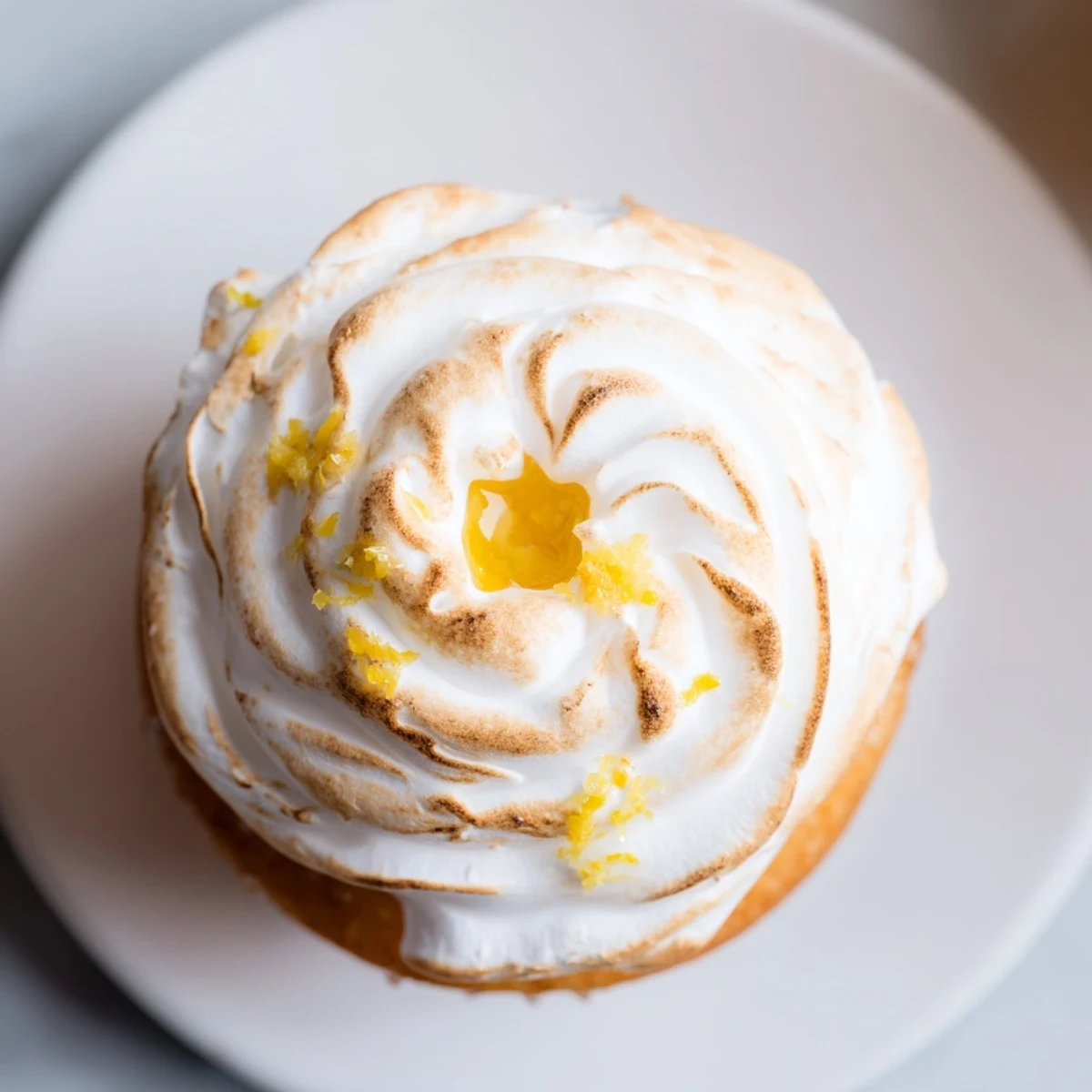 A close-up of a lemon meringue cupcake reveals a moist vanilla cake base and rich, bright lemon curd center under toasted meringue.
