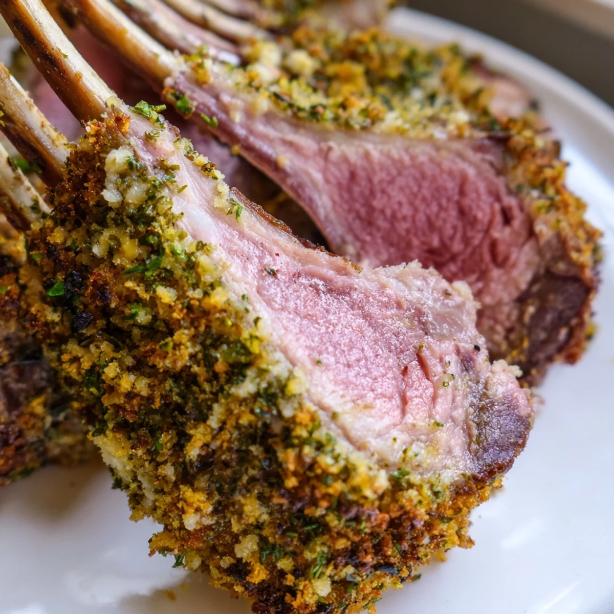A close-up of roasted lamb rack with herb crust, glistening and golden-brown on a rustic wooden board, surrounded by roasted potatoes and green beans.