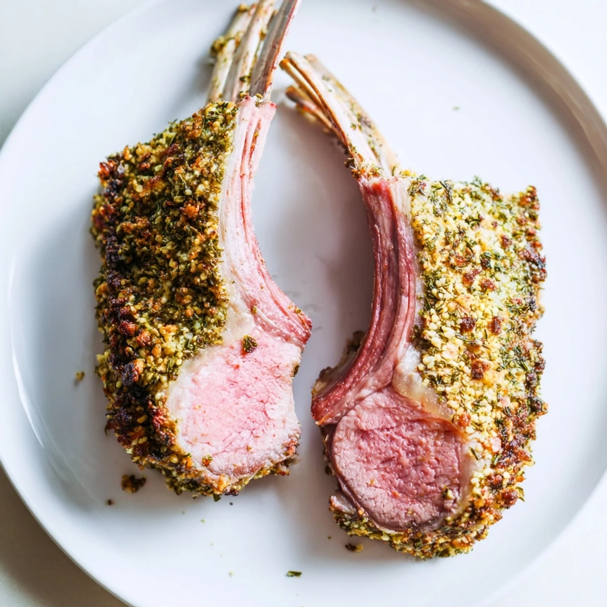 Sliced roasted lamb rack with herb crust reveals tender chops, paired with a glass of red wine on a beautifully set dinner table.