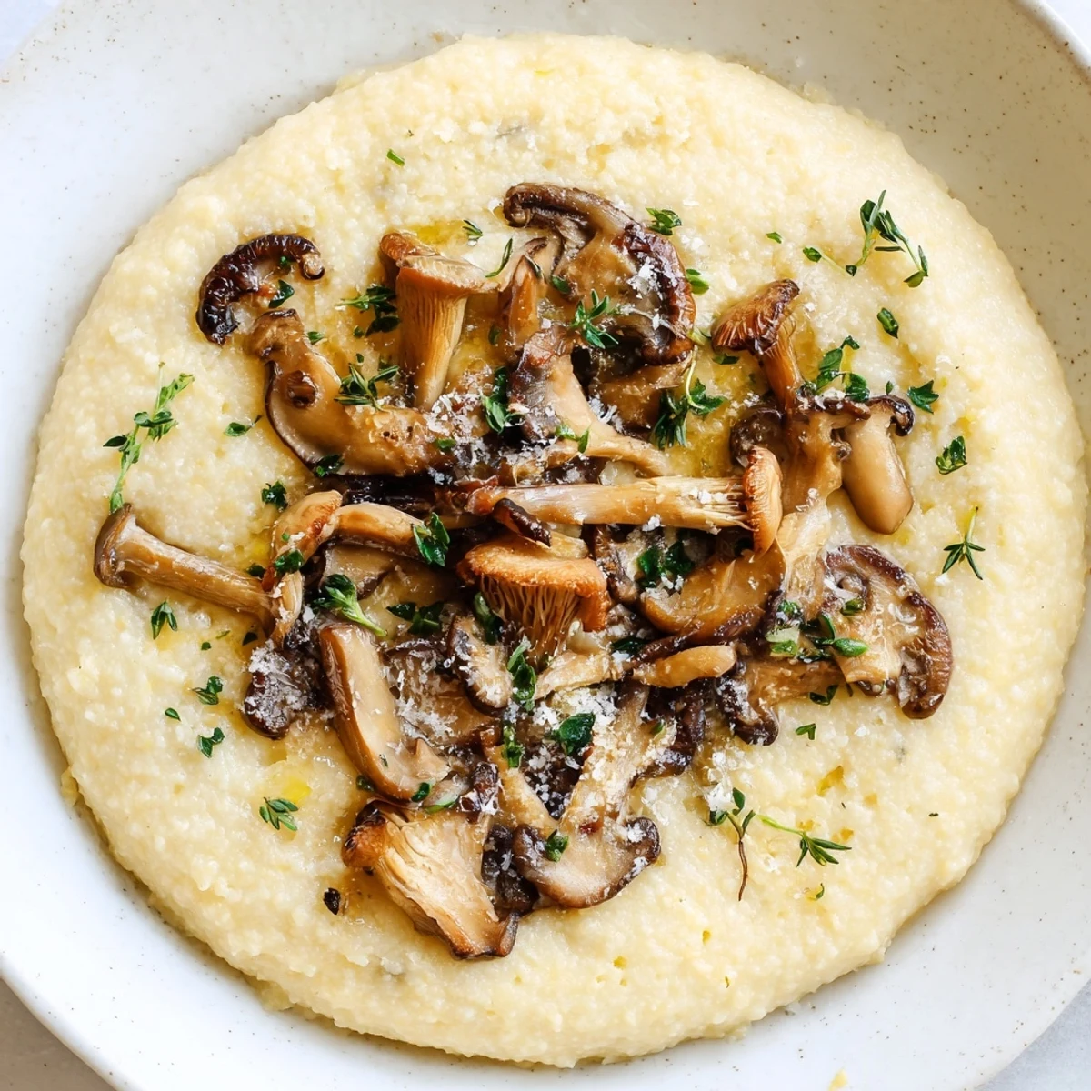 A spoonful of creamy polenta topped with golden roasted mushrooms and fresh herbs, served as a hearty, gluten-free vegetarian main.