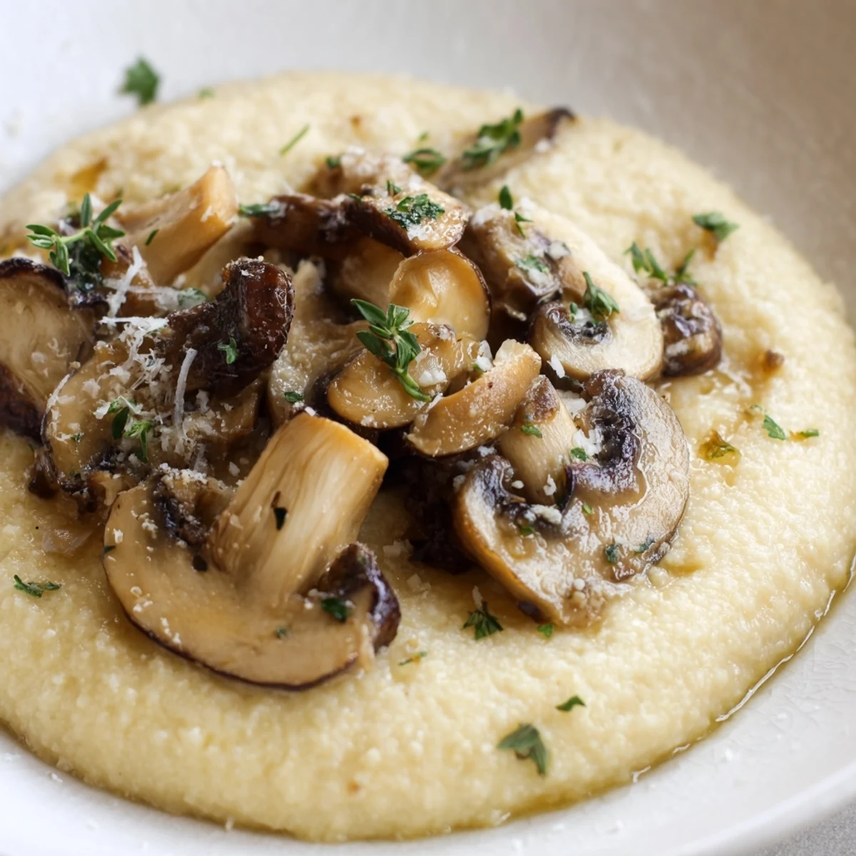 Savory roasted mushrooms on a bed of creamy polenta, drizzled with olive oil and herbs in a warm, rustic serving bowl.