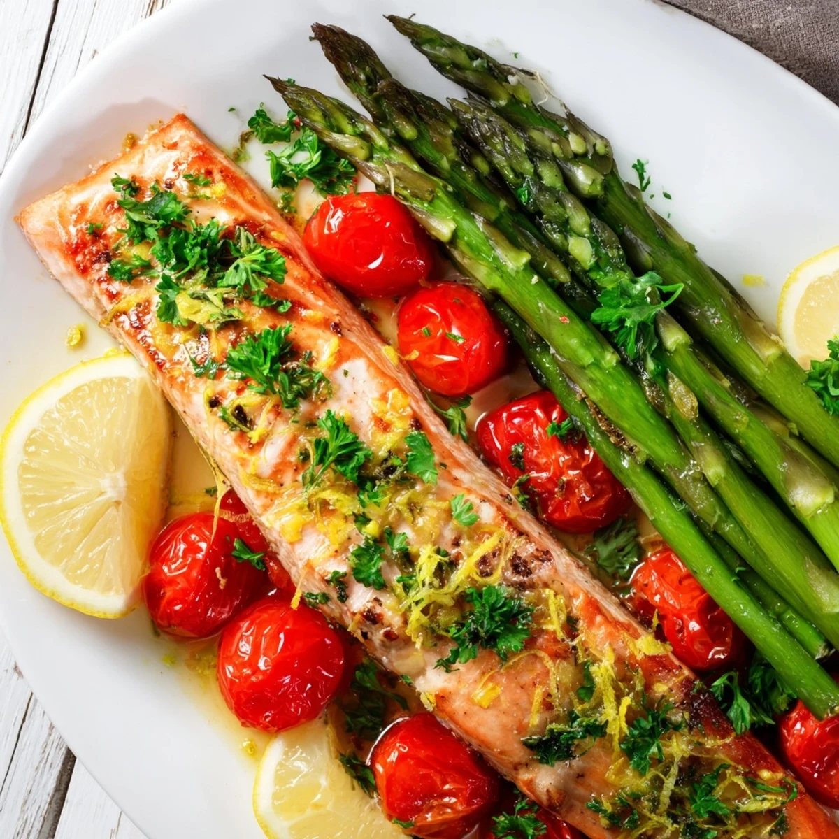 A vibrant serving of Sheet Pan Salmon with Asparagus and Tomatoes shows golden roasted veggies and lemon wedges ready for dinner.