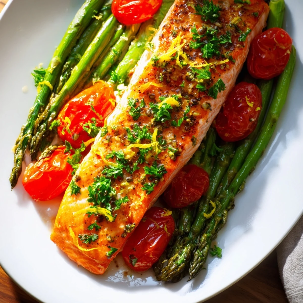 Succulent salmon rests beside tender green asparagus and juicy tomatoes in a one-pan Sheet Pan Salmon with Asparagus and Tomatoes meal.