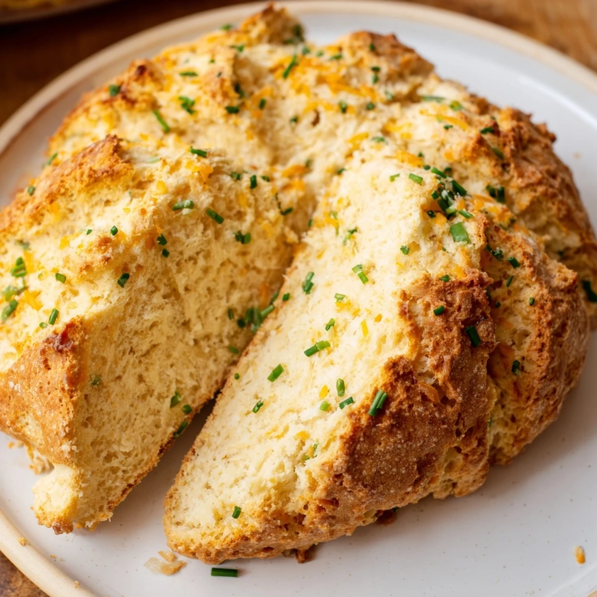 A close-up of Savory Cheddar & Chive Irish Soda Bread with a golden, cheesy crust on a rustic wooden board.