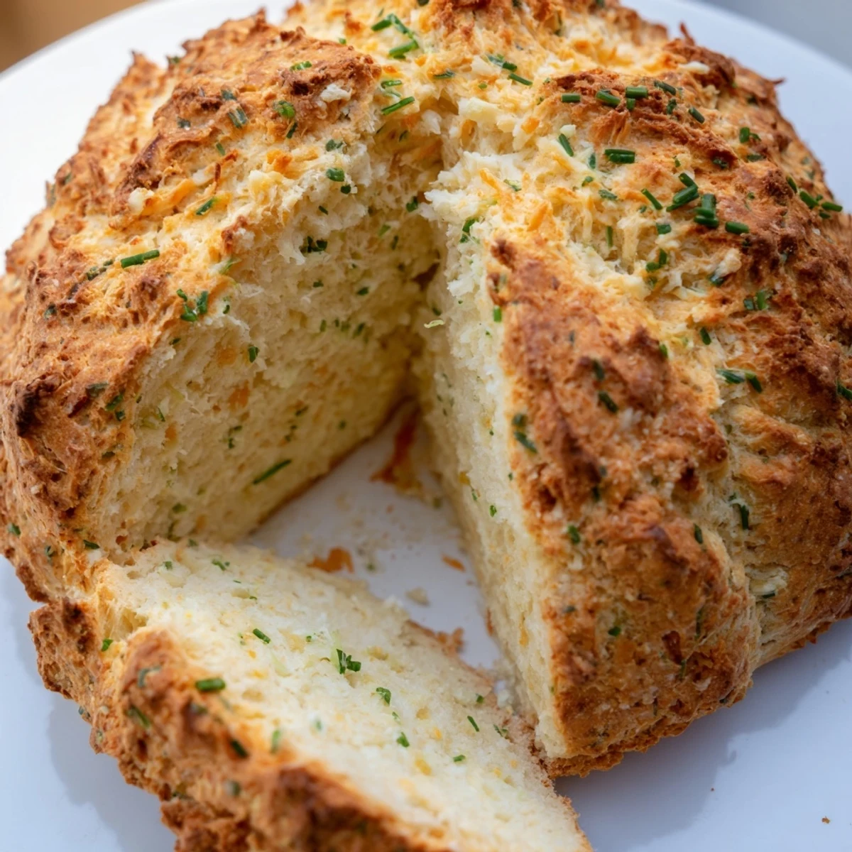 A rustic round Savory Cheddar & Chive Irish Soda Bread loaf with melted cheddar and green chives on top.