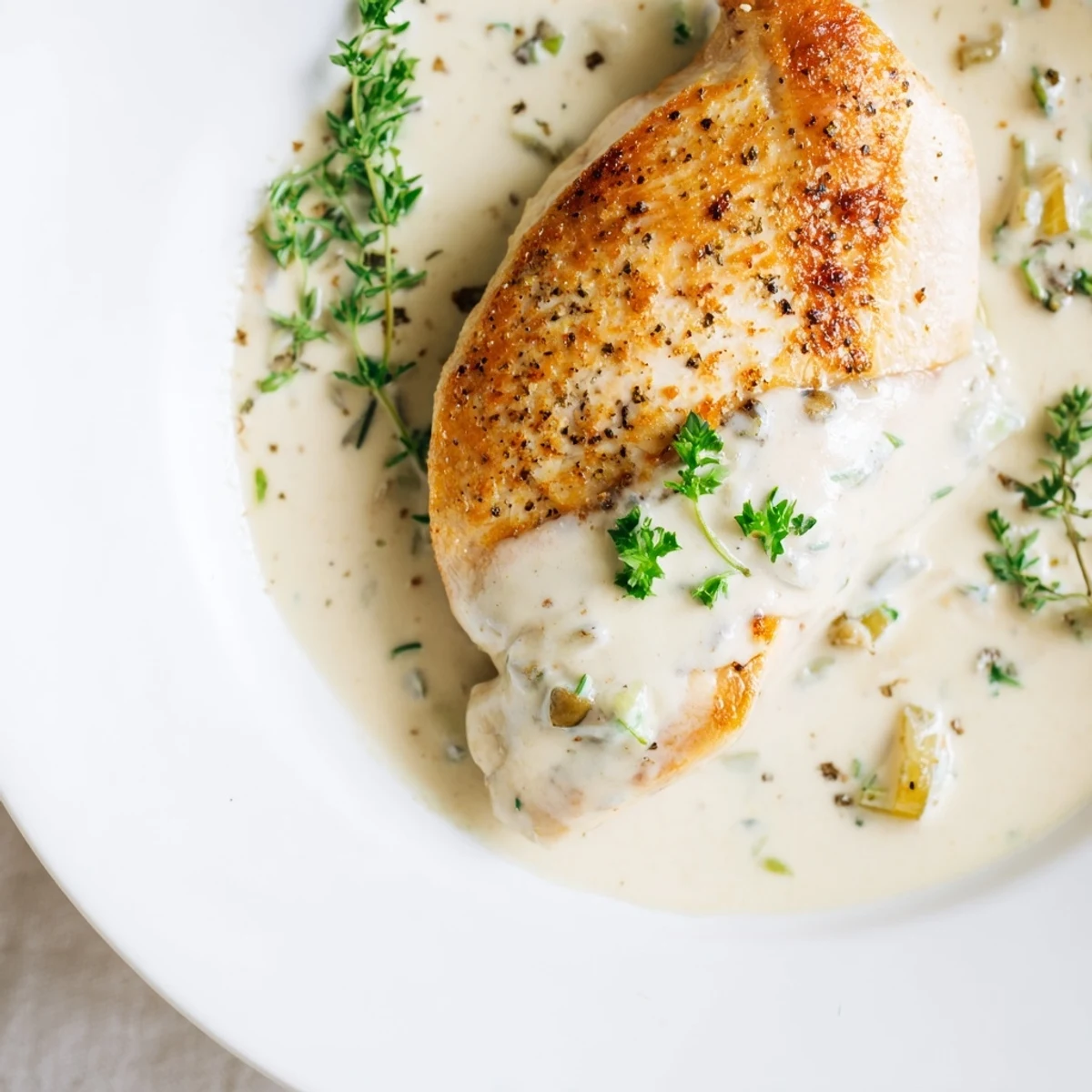 Golden seared chicken breasts coated in a creamy, garlicky Boursin cheese sauce, perfect over steamed green beans.