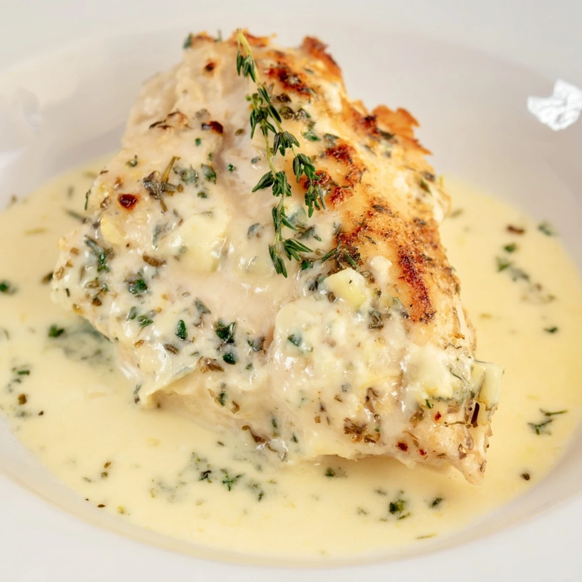 Sizzling skillet of Creamy Boursin Chicken with melted cheese and herbs, ready to be paired with crusty bread.