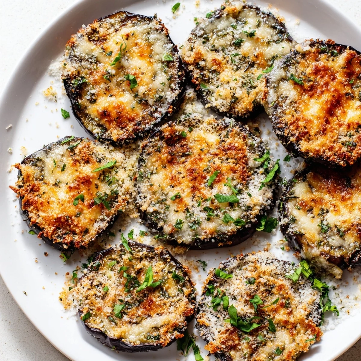 Golden roasted eggplant slices of Mediterranean Roasted Eggplant & Parmesan Crisps topped with melted, savory cheese and fresh herbs on a plate.  