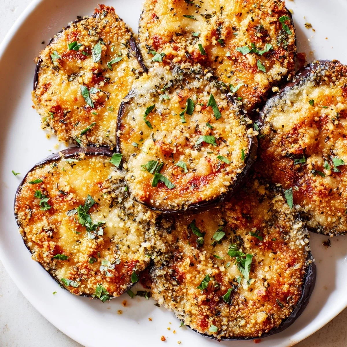 Close-up of Mediterranean Roasted Eggplant & Parmesan Crisps showing crispy Parmesan edges and tender eggplant rounds, garnished with parsley.  