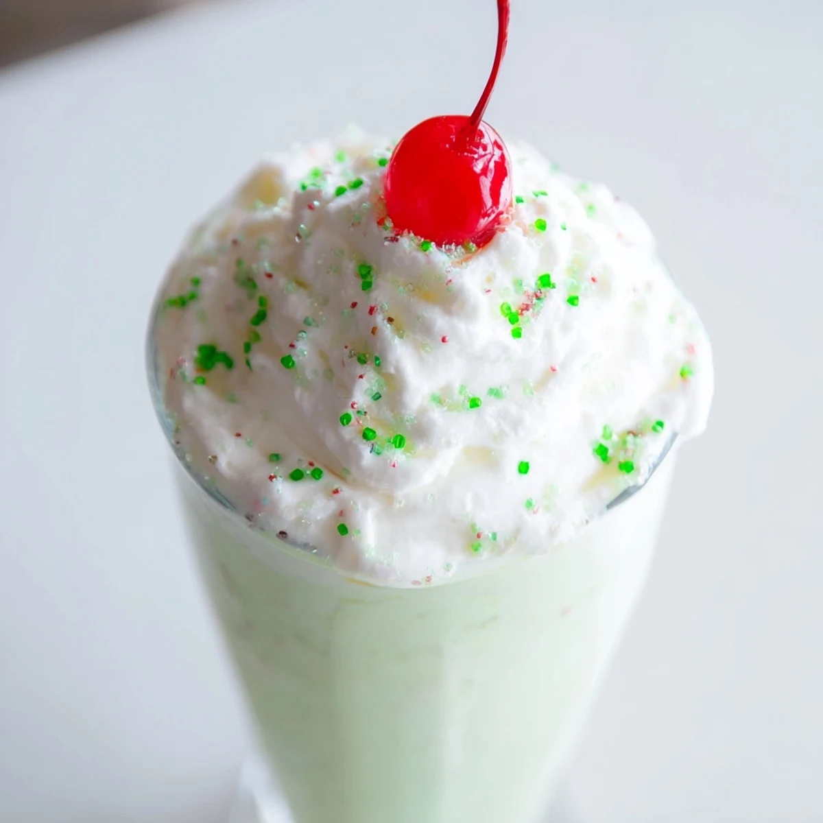 Refreshing Homemade Copycat Shamrock Shake being poured into a chilled glass beside mint leaves and vanilla ice cream.