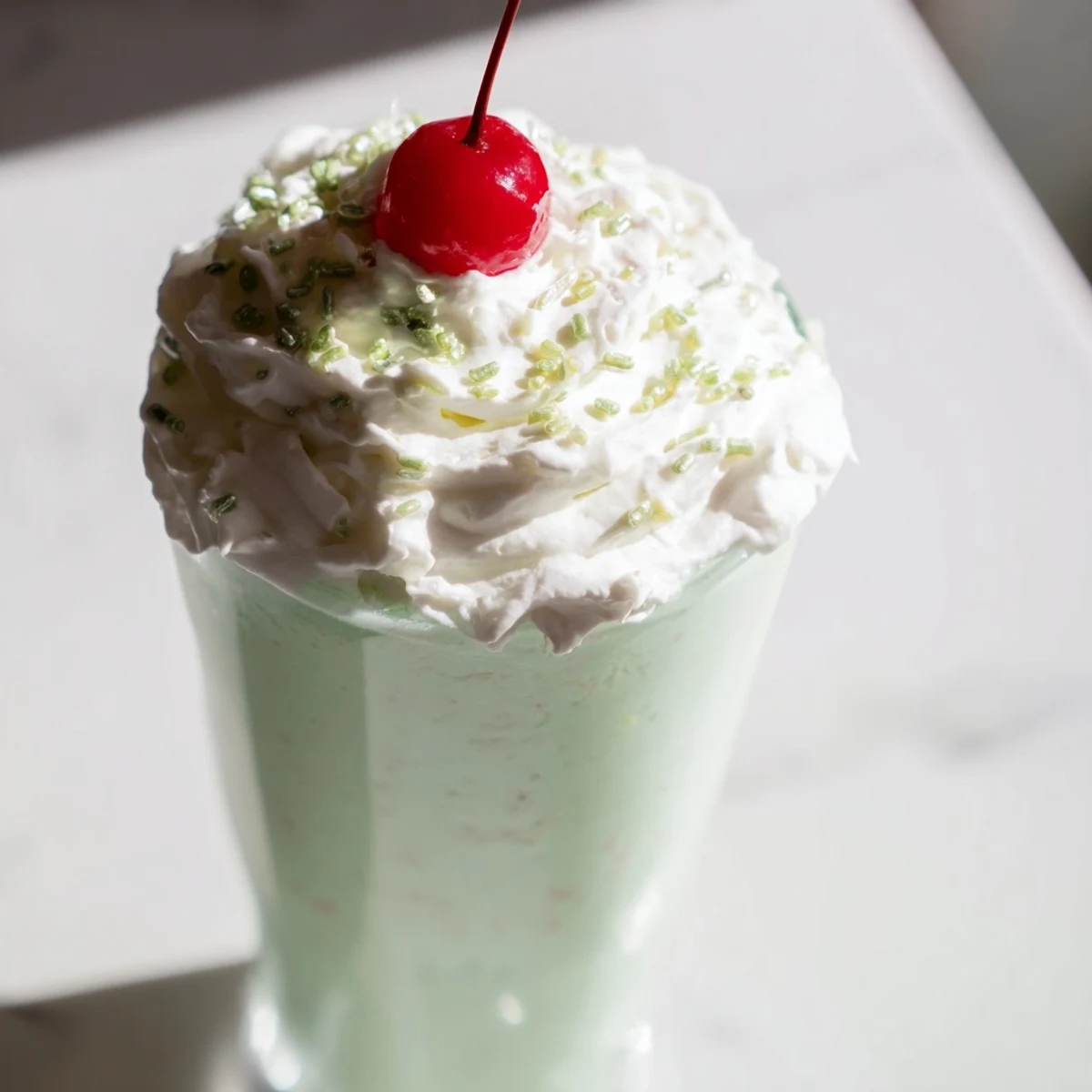 Homemade Copycat Shamrock Shake with a creamy swirl and green sprinkles on top, perfect for St. Patrick’s Day.