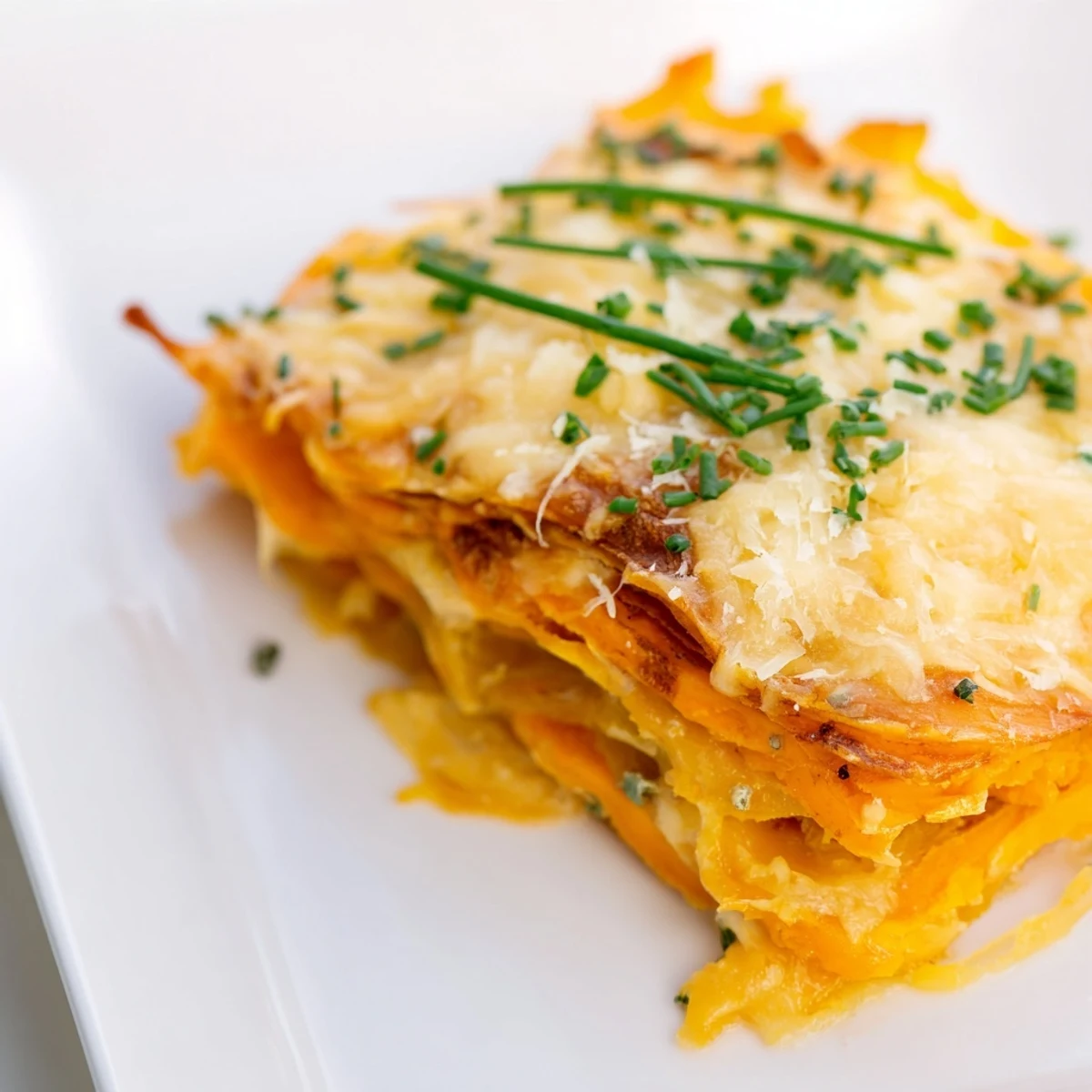 A close-up of golden-brown Cheesy Sweet Potato Gratin with Caramelized Onions Delight, featuring bubbling cheese and tender sweet potato layers.