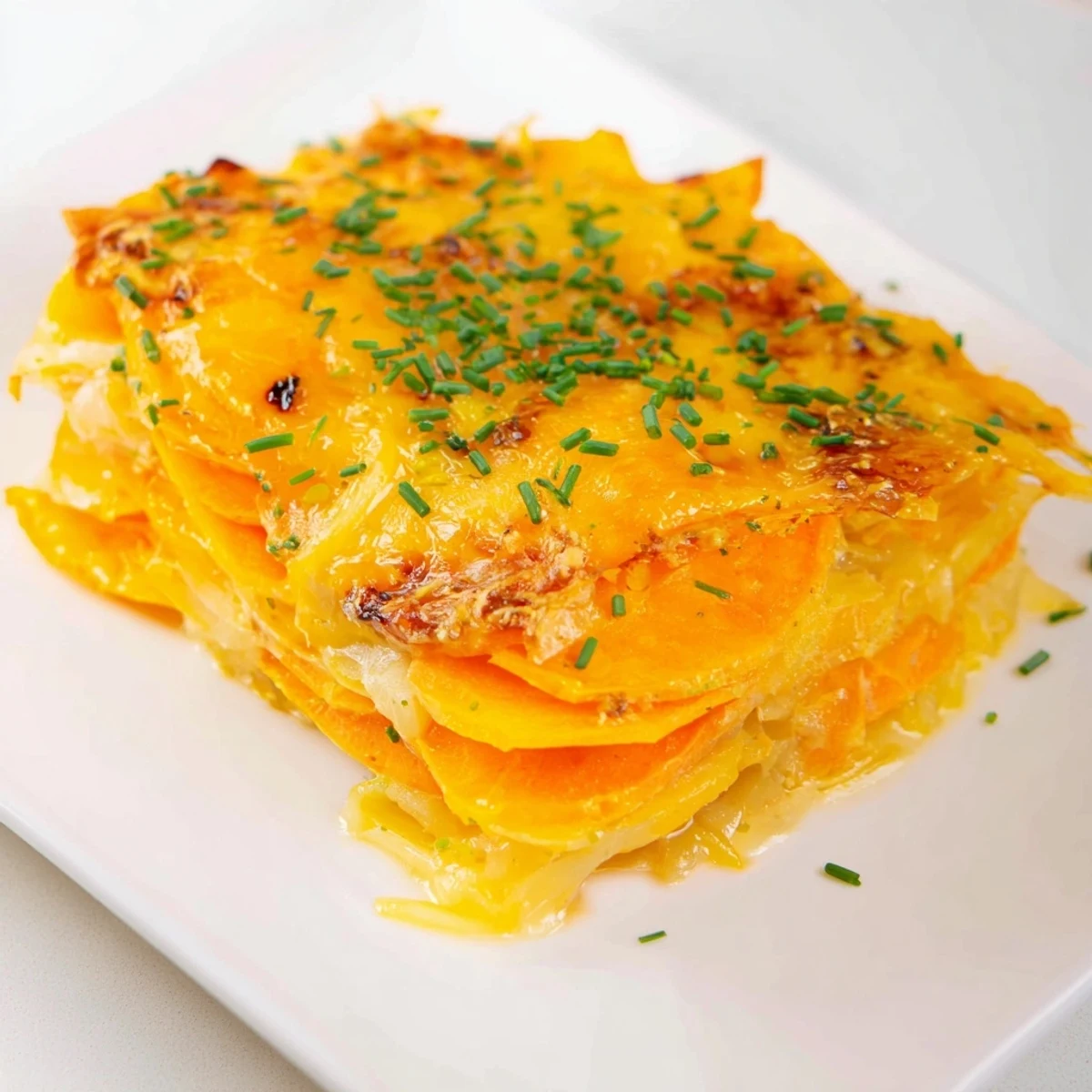 Overhead view of baked Cheesy Sweet Potato Gratin with Caramelized Onions Delight, showing caramelized onion streaks and melted cheese crust.