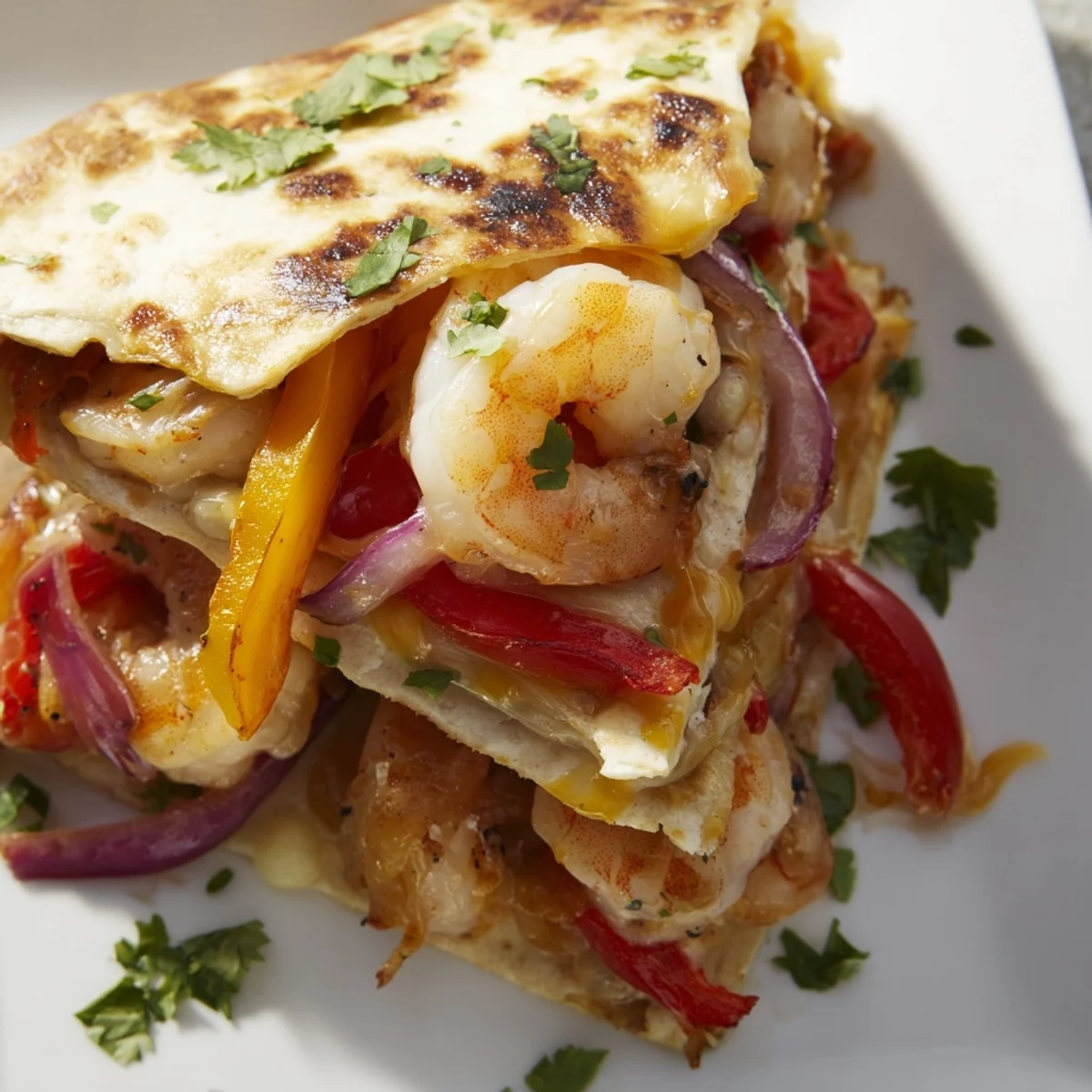 Close-up of a crispy Shrimp Fajita Sheet Pan Quesadilla slice revealing juicy shrimp, roasted peppers, and melted cheese inside.