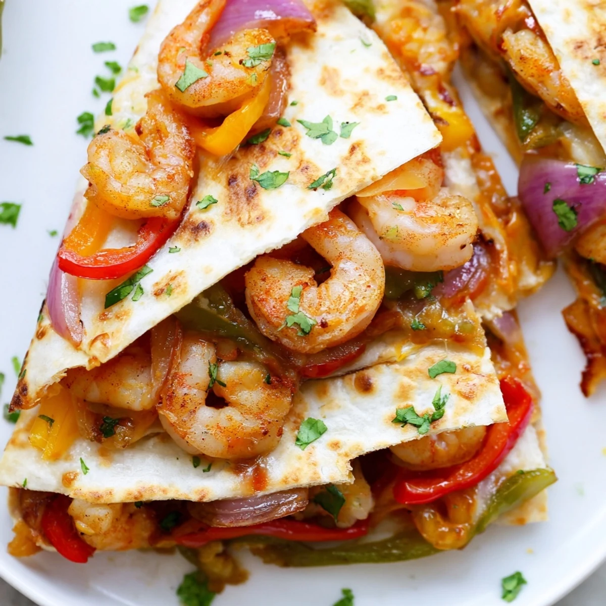 Golden-baked Shrimp Fajita Sheet Pan Quesadillas on a wooden board, garnished with fresh cilantro and lime wedges for a zesty finish.