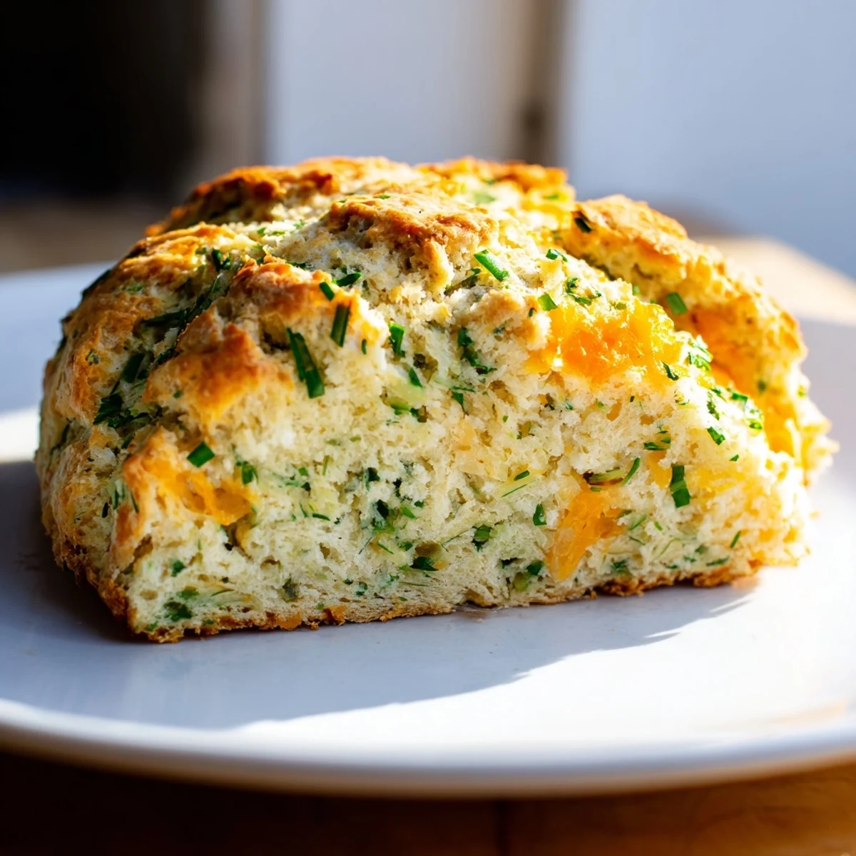 A close-up view of golden, crusty Savory Herbed Cheddar Irish Soda Bread on a wooden board.