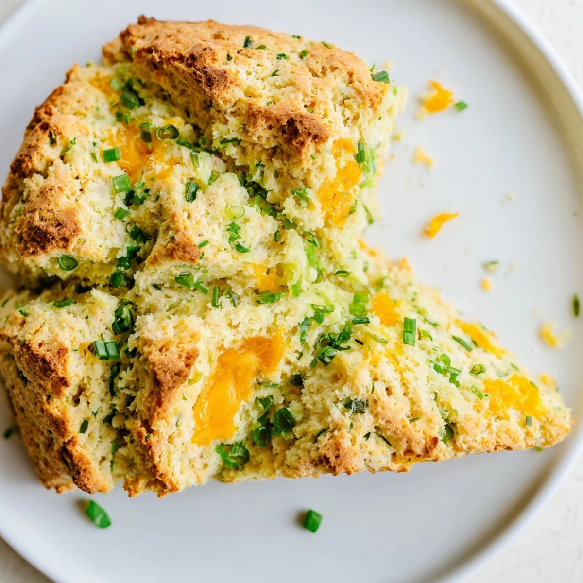 Freshly baked Savory Herbed Cheddar Irish Soda Bread loaf with herbs and melted cheese on a rustic table.