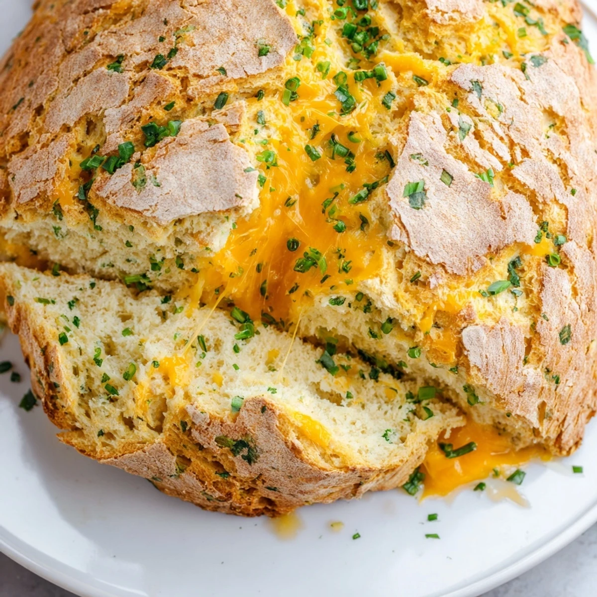 Overhead shot of sliced Savory Herbed Cheddar Irish Soda Bread on a white plate with butter nearby.