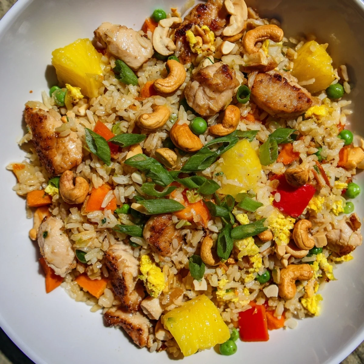 Pineapple Chicken Fried Rice with Cashews served in a colorful bowl with lime wedges and fresh cilantro garnish.