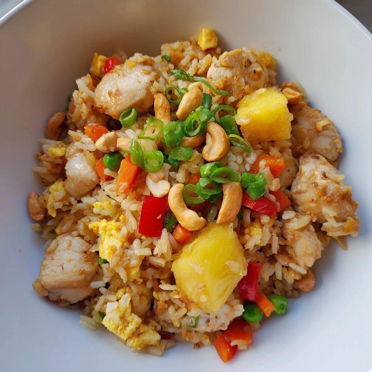 Steaming Pineapple Chicken Fried Rice with Cashews in a wok, garnished with green onions and crunchy cashews.