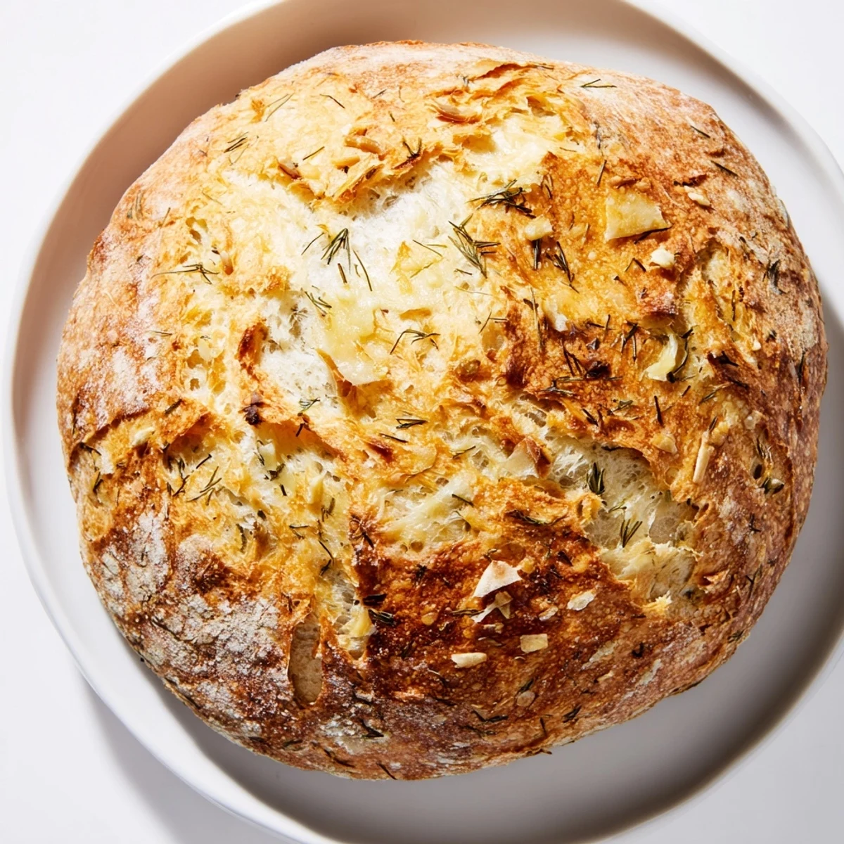 Freshly baked No-Knead Dill Gouda Artisan Bread on a wooden board, showcasing a golden crust and green flecks of herb.