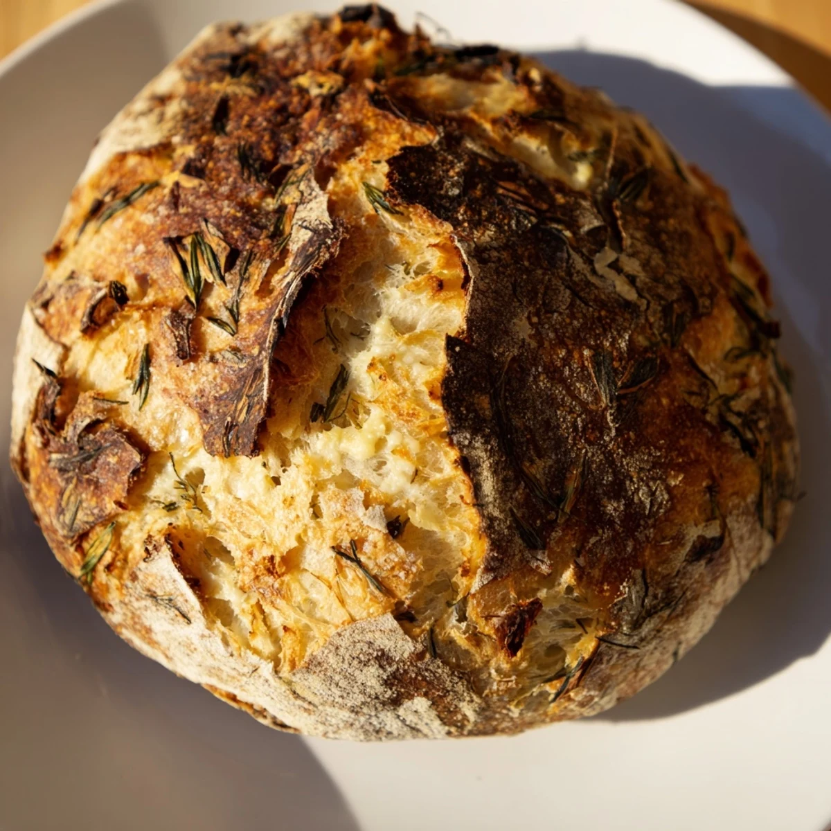 Slices of No-Knead Dill Gouda Artisan Bread reveal melty cheese and fresh dill inside, perfect for serving with soup.