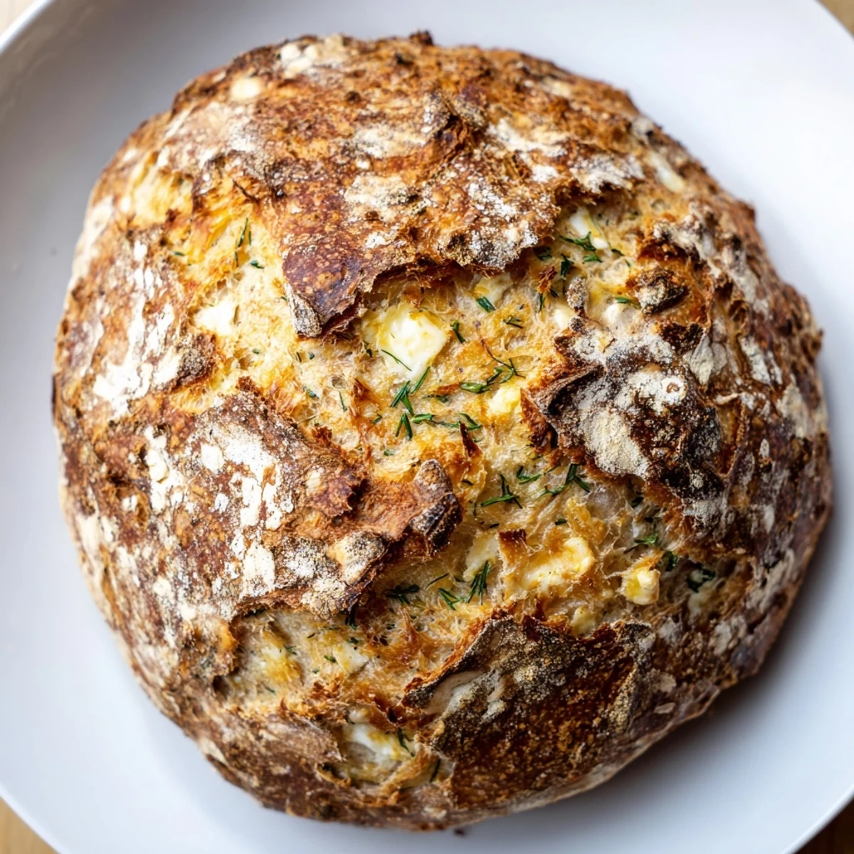 A rustic round loaf of No-Knead Dill Gouda Artisan Bread cooling on a wire rack, ready to slice and enjoy.