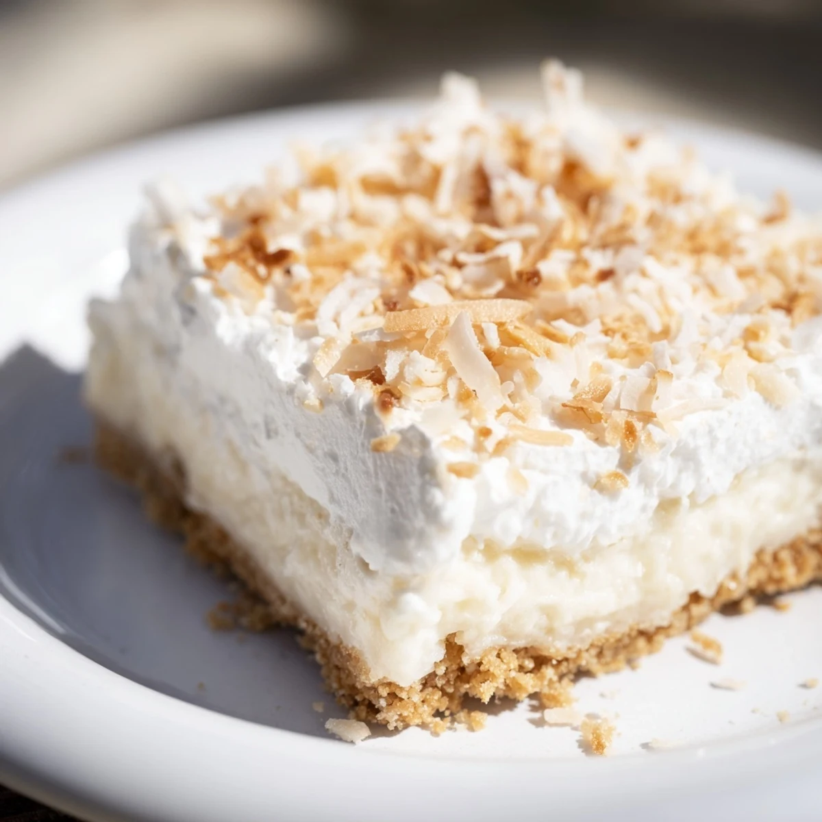 A cut slice of Coconut Cream Dream Bars reveals the layered texture with graham crust and whipped topping.
