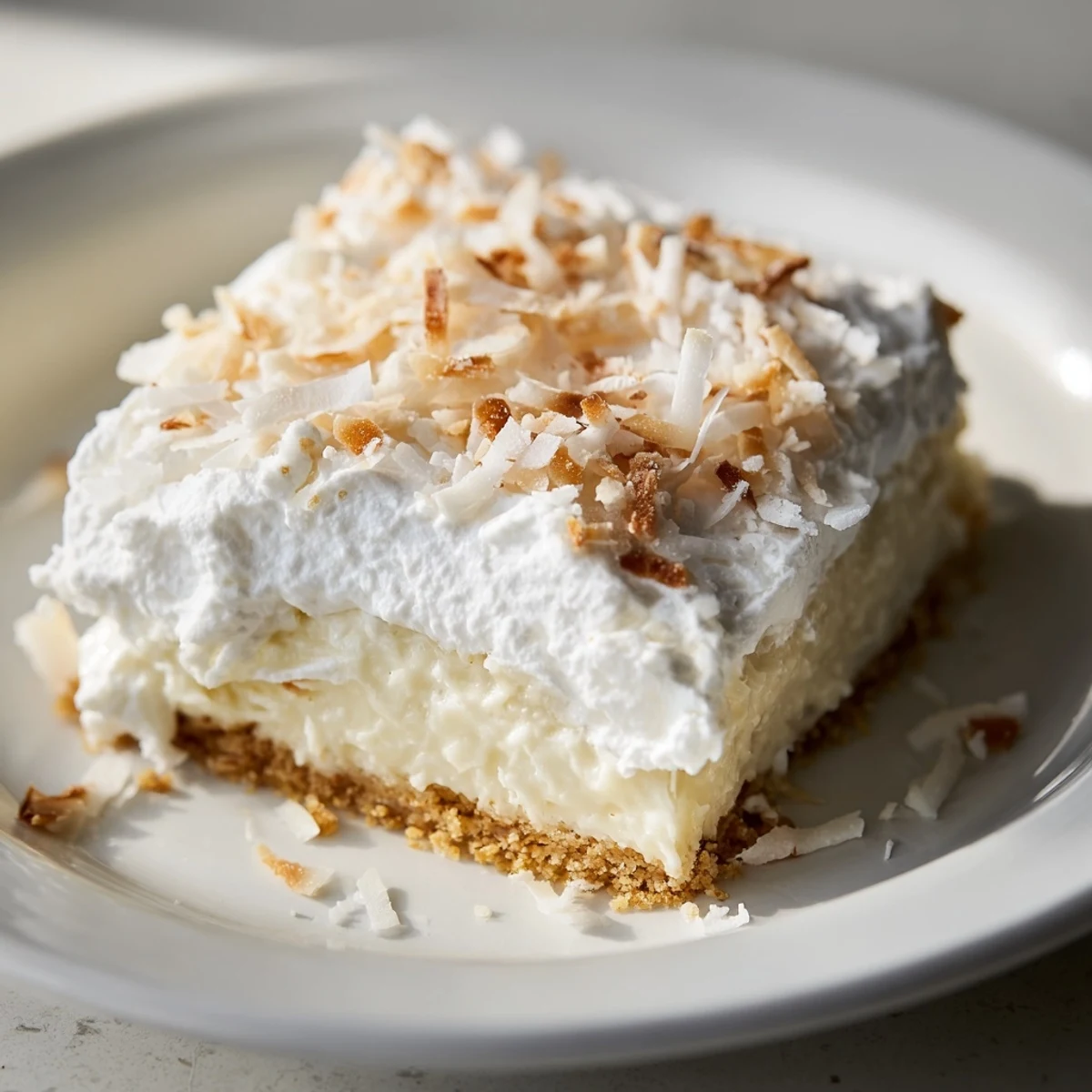Overhead view of Coconut Cream Dream Bars on a white plate with a serving fork and coconut flakes garnish.