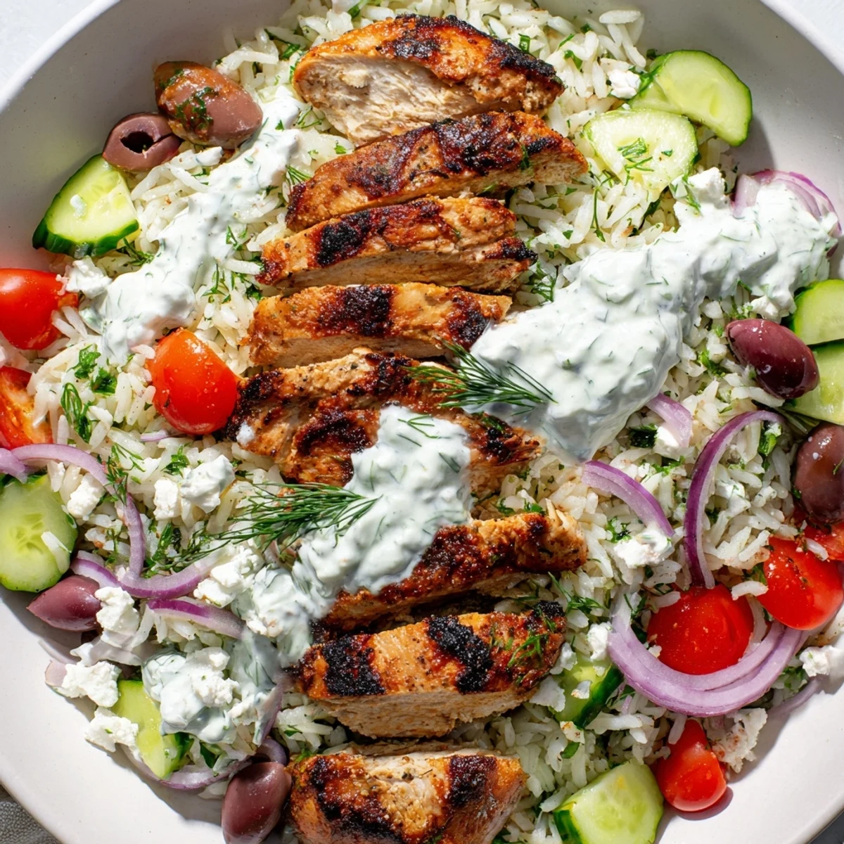 A vibrant Greek Chicken Bowl with marinated grilled chicken, herbed rice, fresh veggies, and creamy tzatziki sauce on a rustic table.