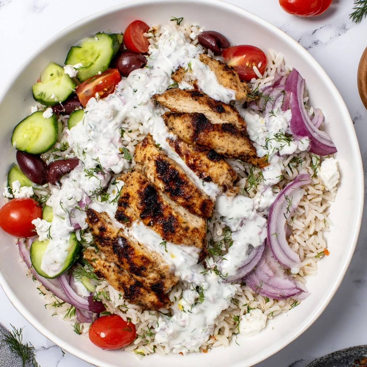 A close-up view of a Greek Chicken Bowl showing juicy chicken, feta cheese, Kalamata olives, and cherry tomatoes over fluffy rice.