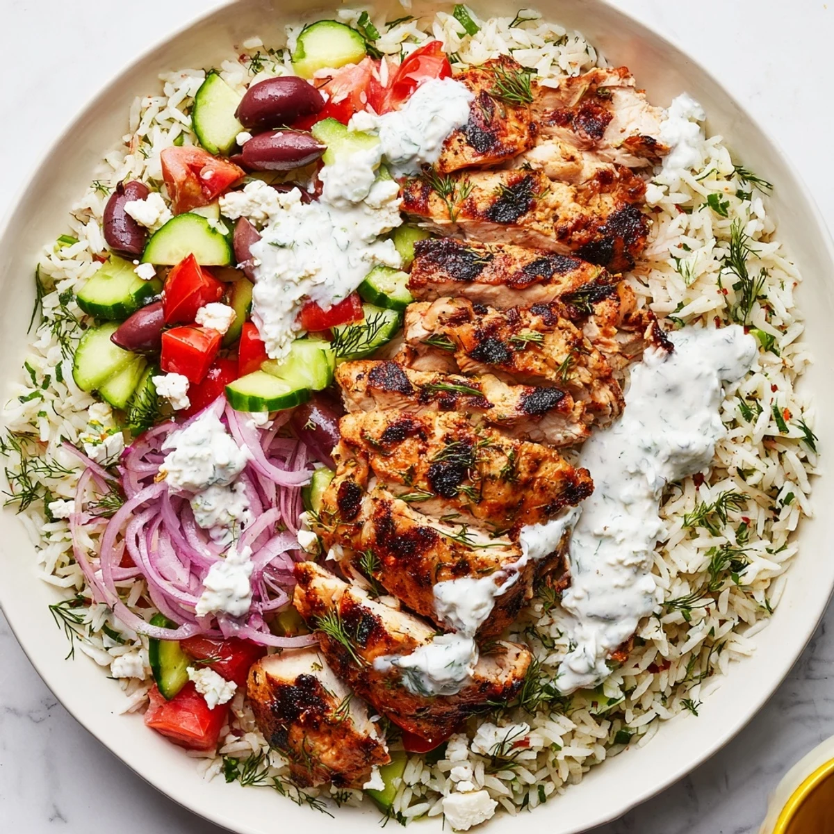 A Mediterranean-inspired Greek Chicken Bowl with sliced chicken, diced cucumber, red onions, and a generous drizzle of tzatziki sauce.