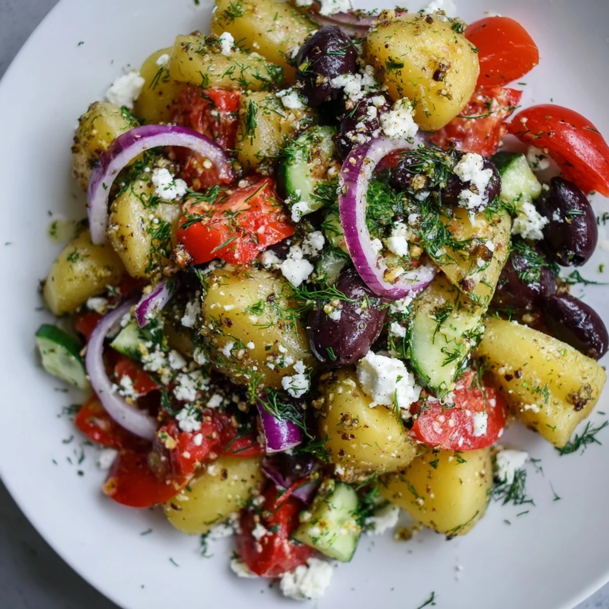 Chilled potatoes tossed with briny Kalamata olives and crisp veggies in this Refreshing Olive Greek Potato Salad.