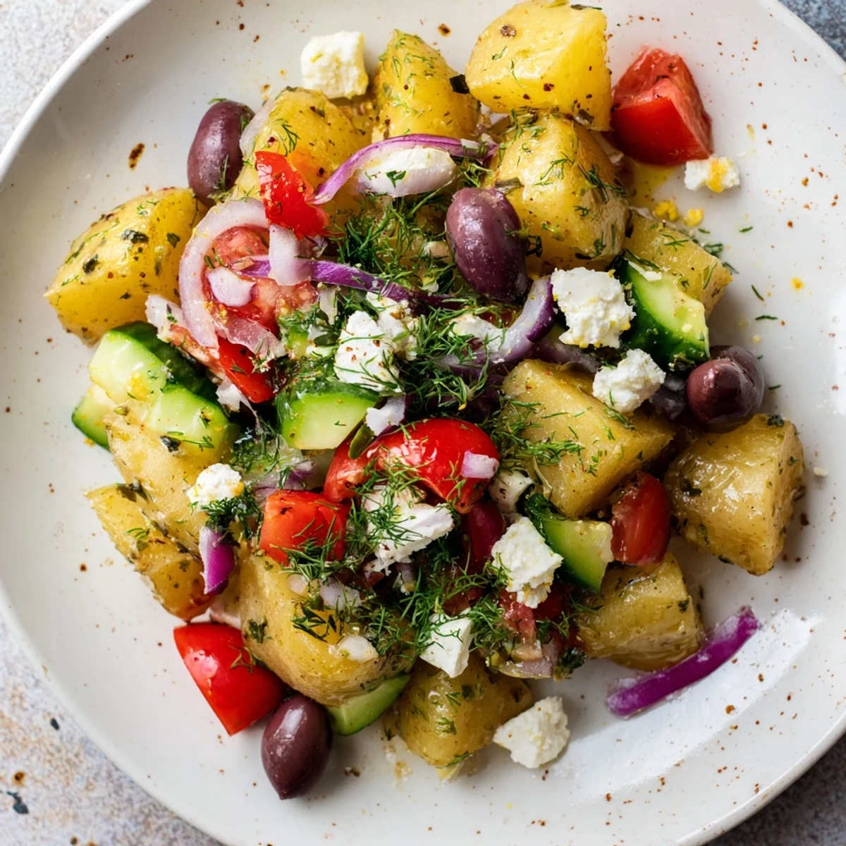 A colorful platter of Refreshing Olive Greek Potato Salad shows tender chunks, diced cucumber, and tangy Greek dressing.