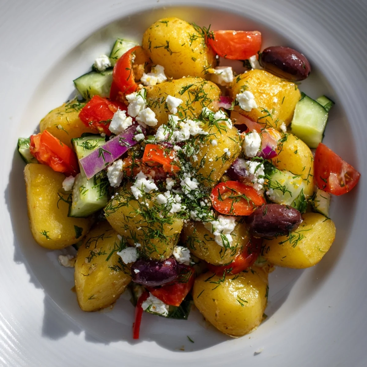 Savory crumbled feta and fresh herbs top a vibrant bowl of Refreshing Olive Greek Potato Salad at a summer cookout.