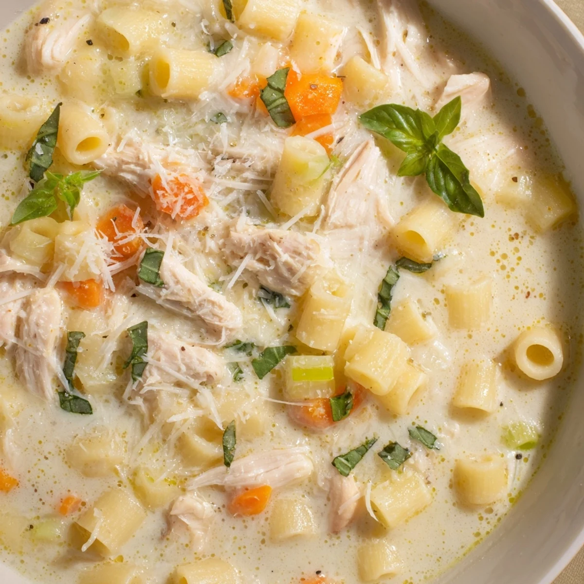 Creamy Crock Pot Chicken Parmesan Soup steaming in a bowl, garnished with fresh basil and melted Parmesan.