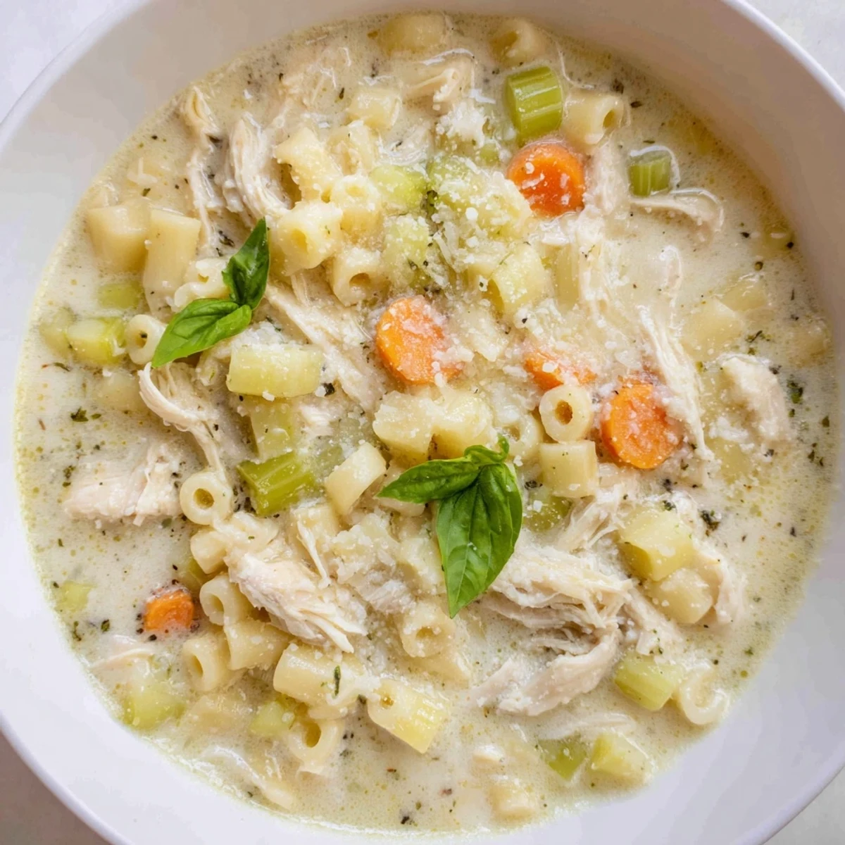 This Slow Cooker Chicken Parmesan Soup has tender shredded chicken and carrots in a rich, creamy broth.