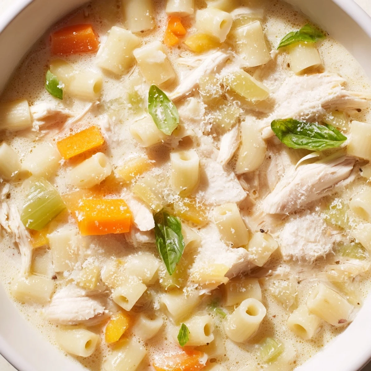 Serve Crock Pot Chicken Parmesan Soup with crusty bread for dipping, topped with chopped parsley.