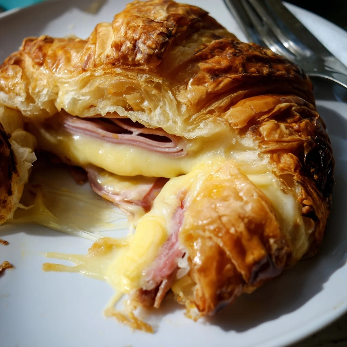 Golden, flaky Easy Air Fryer Beef Ham Cheese Croissants fresh from the air fryer basket, steaming slightly on a rustic wood surface.  