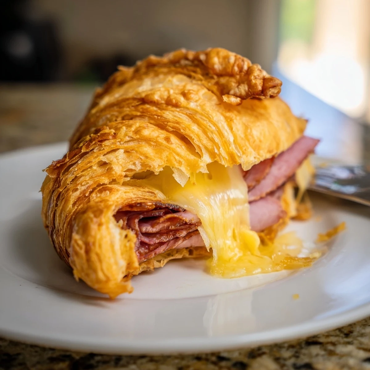 Breakfast is served with Easy Air Fryer Beef Ham Cheese Croissants paired with a small dipping sauce and a fresh green salad.