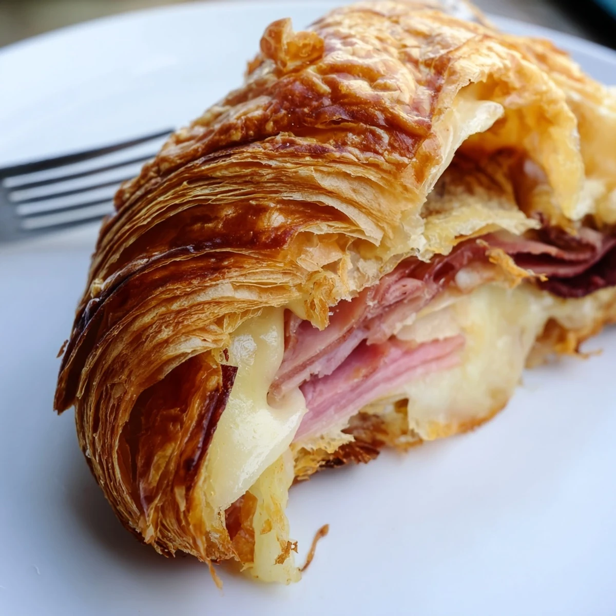 One delicious Easy Air Fryer Beef Ham Cheese Croissant sliced open to reveal layers of savory beef, ham, and melted Swiss cheese.  