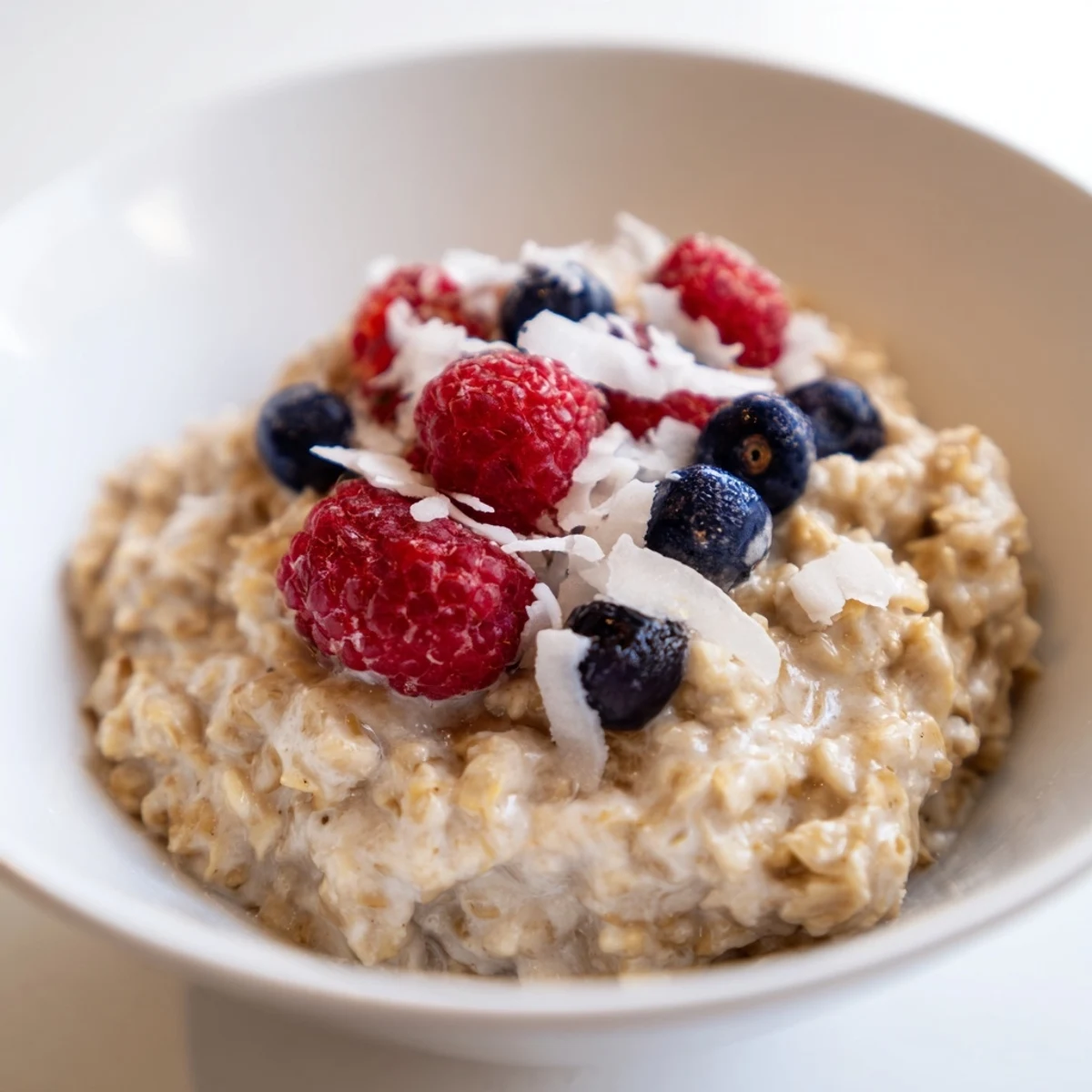 Creamy coconut cream oats topped with fresh berries and toasted flakes in a warm bowl.