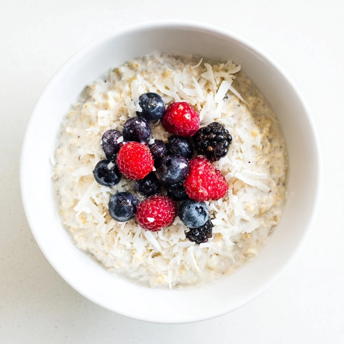 Spoonful of coconut cream oats showing creamy texture and sweet maple drizzle on top.