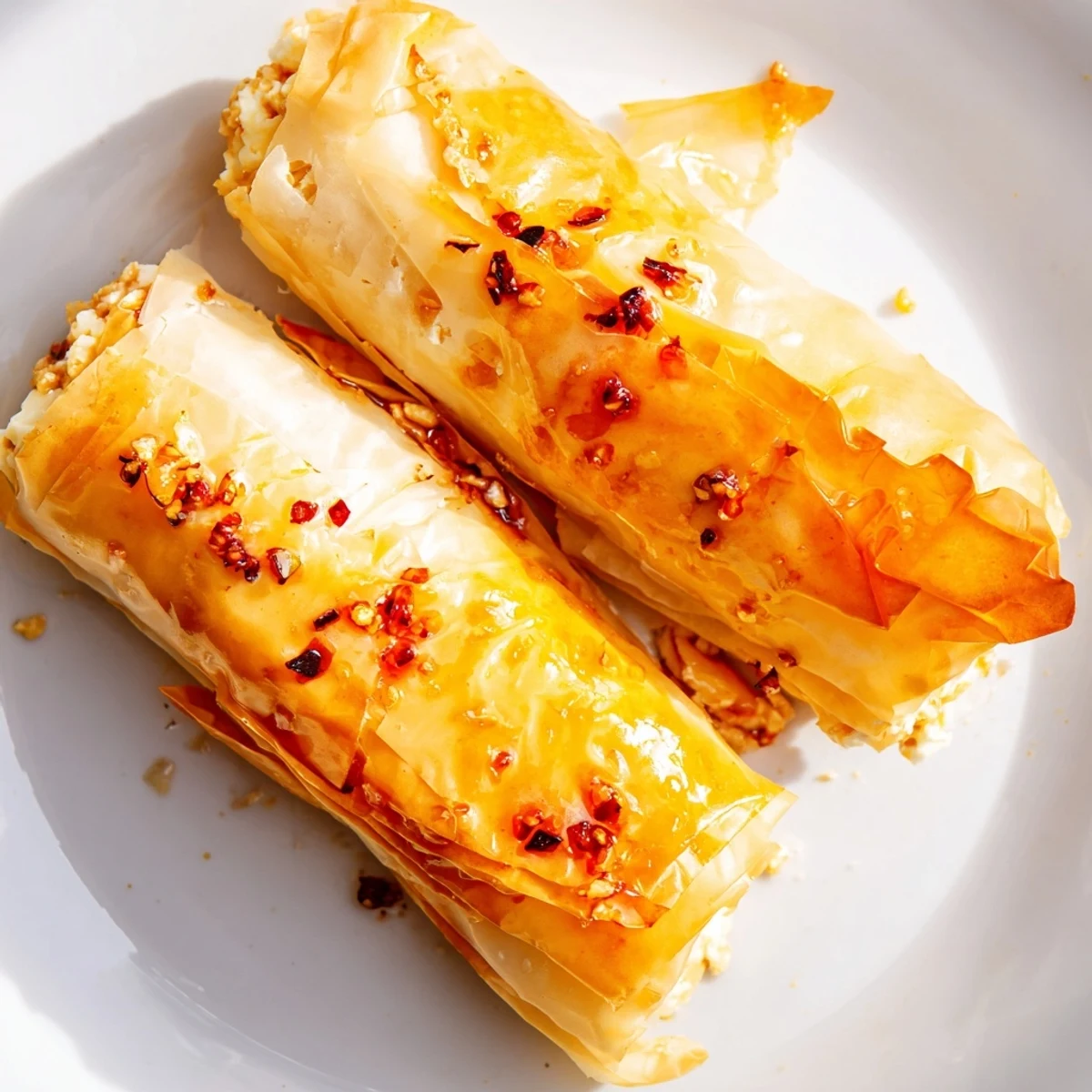 Golden-brown Oven Fried Feta Rolls With Chili Honey glistening on a white plate, with herbs.